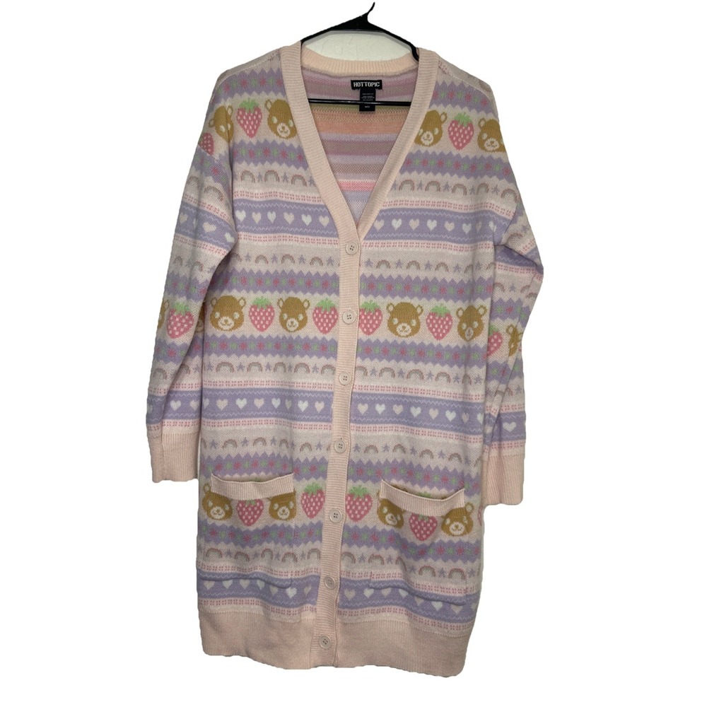Hot Topic Pastel Teddy Bear & Strawberries Oversized Women's Cardigan Sz Medium
